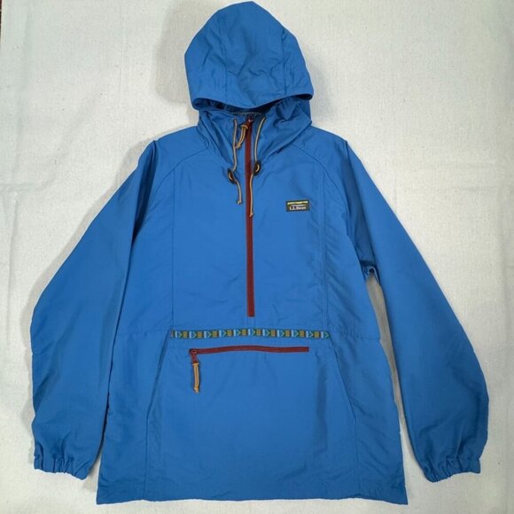L.L.Bean Blue Hooded Pullover 1/2 Zip Nylon Rain Jacket Geometric Trim LT - Picture 1 of 13